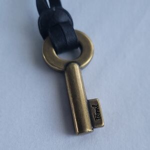 Fossil Brass Key Pendant with Black Leather Cord